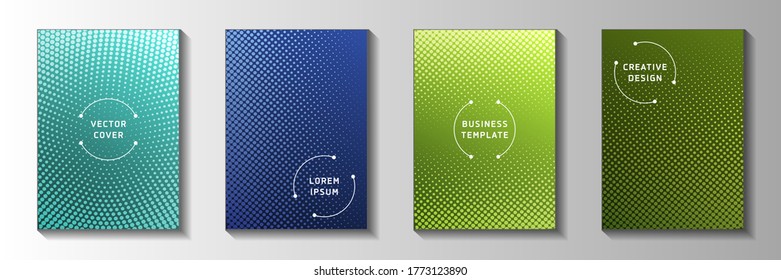 Random dot perforated halftone cover templates vector batch. Business poster faded halftone patterns. Retro manga comics style front page leaflets. Rectangle albums.