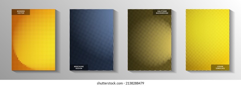 Random dot perforated halftone cover templates vector collection. Urban booklet faded halftone backdrops. Retro comics style title page layouts. Overlay spots grid