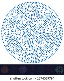 Random dots, circles abstract. Speckles, dotted radial, radiating, circular geometric illustration. Polka-dots, pointillist, pointillism design element