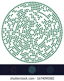 Random dots, circles abstract. Speckles, dotted radial, radiating, circular geometric illustration. Polka-dots, pointillist, pointillism design element