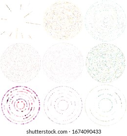 Random dots, circles abstract. Speckles, dotted radial, radiating, circular geometric illustration. Polka-dots, pointillist, pointillism design element