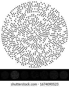 Random dots, circles abstract. Speckles, dotted radial, radiating, circular geometric illustration. Polka-dots, pointillist, pointillism design element