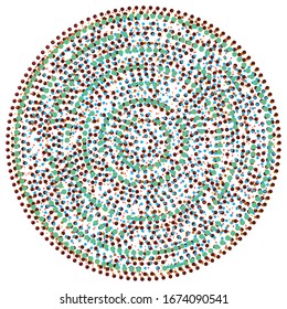 Random dots, circles abstract. Speckles, dotted radial, radiating, circular geometric illustration. Polka-dots, pointillist, pointillism design element