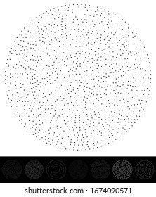 Random dots, circles abstract. Speckles, dotted radial, radiating, circular geometric illustration. Polka-dots, pointillist, pointillism design element