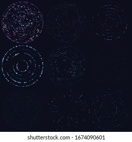 Random dots, circles abstract. Speckles, dotted radial, radiating, circular geometric illustration. Polka-dots, pointillist, pointillism design element