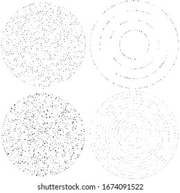 Puntos al azar, círculos abstractos. Especkles, radial de puntos, radiante, ilustración geométrica circular. Punto-polka, elemento de diseño puntillista, puntillismo