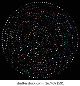 Random dots, circles abstract. Speckles, dotted radial, radiating, circular geometric illustration. Polka-dots, pointillist, pointillism design element