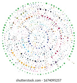 Random dots, circles abstract. Speckles, dotted radial, radiating, circular geometric illustration. Polka-dots, pointillist, pointillism design element