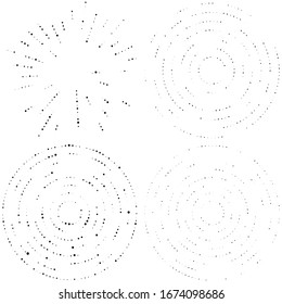 Random dots, circles abstract. Speckles, dotted radial, radiating, circular geometric illustration. Polka-dots, pointillist, pointillism design element