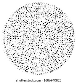 Random dots, circles abstract. Speckles, dotted radial, radiating, circular geometric illustration. Polka-dots, pointillist, pointillism design element