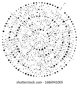 Random dots, circles abstract. Speckles, dotted radial, radiating, circular geometric illustration. Polka-dots, pointillist, pointillism design element
