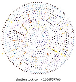 Random dots, circles abstract. Speckles, dotted radial, radiating, circular geometric illustration. Polka-dots, pointillist, pointillism design element