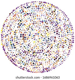 Random dots, circles abstract. Speckles, dotted radial, radiating, circular geometric illustration. Polka-dots, pointillist, pointillism design element