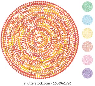 Random dots, circles abstract. Speckles, dotted radial, radiating, circular geometric illustration. Polka-dots, pointillist, pointillism design element