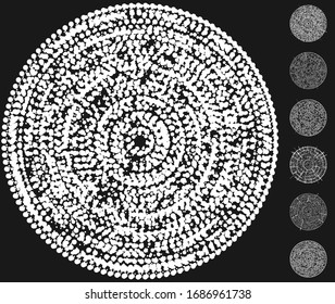 Random dots, circles abstract. Speckles, dotted radial, radiating, circular geometric illustration. Polka-dots, pointillist, pointillism design element