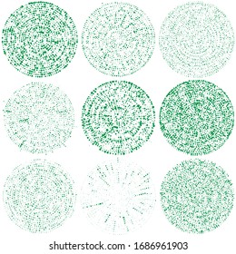 Random dots, circles abstract. Speckles, dotted radial, radiating, circular geometric illustration. Polka-dots, pointillist, pointillism design element