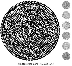 Random dots, circles abstract. Speckles, dotted radial, radiating, circular geometric illustration. Polka-dots, pointillist, pointillism design element