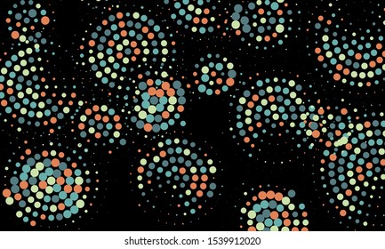 Random dots. Color circles on black background. Vector illustration. Colorful polka dots pattern.