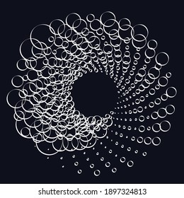Puntos al azar, espiral circular punteada. Girar, girar y torcer de círculos aleatorios