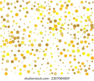 Random dots of yellow-golden colour. Chaotic polka dots of different scale. 