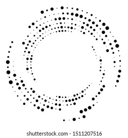 Random dotted, dots, halftone speckles concentric circle.Spiral, swirl, twirl element.Circular and radial lines volute, helix.Segmented circle with rotation.Radiating arc.Cochlear, vortex illustration