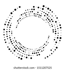 Random dotted, dots, halftone speckles concentric circle.Spiral, swirl, twirl element.Circular and radial lines volute, helix.Segmented circle with rotation.Radiating arc.Cochlear, vortex illustration