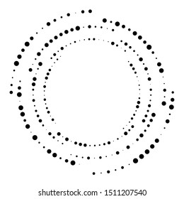 Random dotted, dots, halftone speckles concentric circle.Spiral, swirl, twirl element.Circular and radial lines volute, helix.Segmented circle with rotation.Radiating arc.Cochlear, vortex illustration