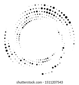 Random dotted, dots, halftone speckles concentric circle.Spiral, swirl, twirl element.Circular and radial lines volute, helix.Segmented circle with rotation.Radiating arc.Cochlear, vortex illustration