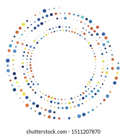 Random dotted, dots, halftone speckles concentric circle.Spiral, swirl, twirl element.Circular and radial lines volute, helix.Segmented circle with rotation.Radiating arc.Cochlear, vortex illustration