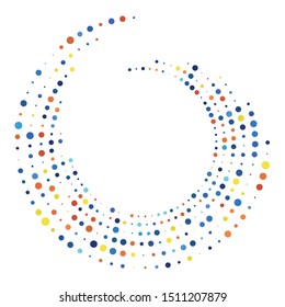 Random dotted, dots, halftone speckles concentric circle.Spiral, swirl, twirl element.Circular and radial lines volute, helix.Segmented circle with rotation.Radiating arc.Cochlear, vortex illustration