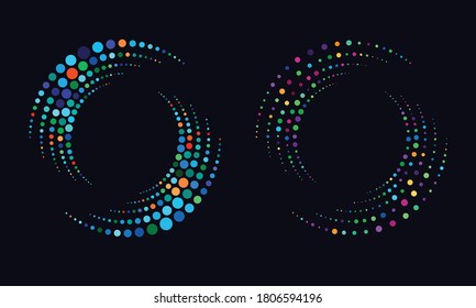 Random dotted, dots, halftone speckles concentric circle. Spiral, swirl, twirl element. Circular and radial lines volute, helix. Segmented circle with rotation.
