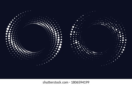 Random Dotted, Dots, Halftone Speckles Concentric Circle. Spiral, Swirl, Twirl Element. Circular And Radial Lines Volute, Helix. Segmented Circle With Rotation.