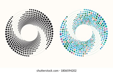 Random dotted, dots, halftone speckles concentric circle. Spiral, swirl, twirl element. Circular and radial lines volute, helix. Segmented circle with rotation.