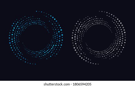 Random dotted, dots, halftone speckles concentric circle. Spiral, swirl, twirl element. Circular and radial lines volute, helix. Segmented circle with rotation.