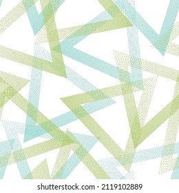 Random dotwork triangles vector seamless pattern. Geometric periodic background with dots texture. Gradient triangles of chevron dots seamless ornament. Wrapping paper.