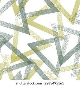 Random dotwork triangles vector seamless pattern. Geometric recurring background with dots texture. Gradient triangles of chevron dots seamless ornament. Simple shapes grid.