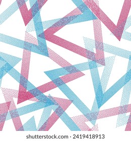 Random dotwork triangles vector seamless pattern. Geometric infinite background with dots texture. Gradient triangles of halftone dots seamless ornament. Wallpaper print.