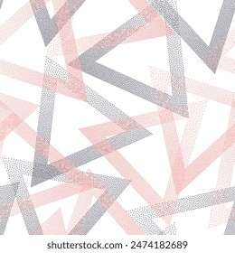 Random dotwork triangles vector seamless pattern. Geometric tileable background with dots texture. Gradient triangles of halftone dots seamless ornament. Simple shapes grid.
