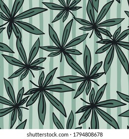 Patrón aleatorio de ornamento de drogas sin fisuras. Contorsión negra hojas de cannabis con fondo azul desnudo. Diseñado para papel pintado, textil, papel envolvente, impresión de tela. Ilustración del vector