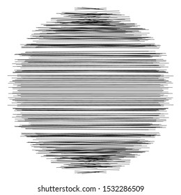Random dynamic lines circle. Parallel, straight, scatter lines, stripes. Irregular horizontal strips, streaks geometric element. Linear, lineal circular pattern. Monochrome version