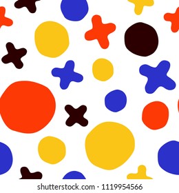 Random elements. Cross and big dots seamless pattern