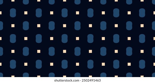 Random elements repeat pattern deep blue background. Oval, square shapes geometric motif contrasting blue yellow colors palette. Fabric, textile, wallpaper design. Easy to recolor all over print block