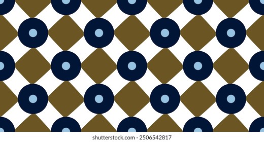 Random elements repeat pattern white background. Circle, square shapes geometric motif contrasting blue yellow colors palette. Fabric, textile, wallpaper design. Easy to recolor all over print block.