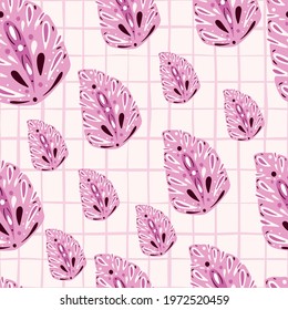Random exotic foliage seamless pattern with lilac monstera folk ornament. White chequered background. Decorative backdrop for fabric design, textile print, wrapping, cover. Vector illustration.