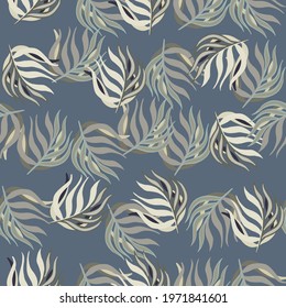 Random exotic seamless doodle foliage pattern with random tropic leaves print. Navy blue pale background. Flat vector print for textile, fabric, giftwrap, wallpapers. Endless illustration.