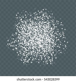 Random falling in bunch white snowflakes transparent sparkle background. Glitter banner Christmas, New Year greeting, invitation, postcard. Sparkle vector. Illustration shimmer sparkling lights.