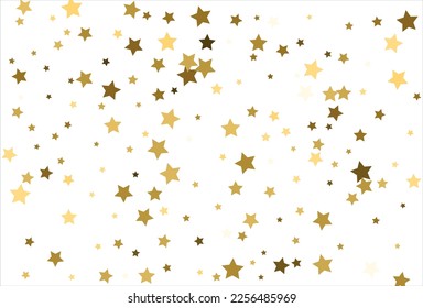 Random falling gold stars on white background. Glitter pattern for banner, greeting card, Christmas and New Year card, invitation, postcard, paper packaging.