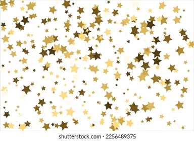 Random falling gold stars on white background. Glitter pattern for banner, greeting card, Christmas and New Year card, invitation, postcard, paper packaging.