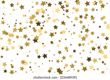 Zufällig fallende goldene Sterne auf weißem Hintergrund. Glitzer Muster für Banner, Grußkarte, Weihnachts- und Neujahrskarte, Einladung, Postkarte, Papierverpackung.