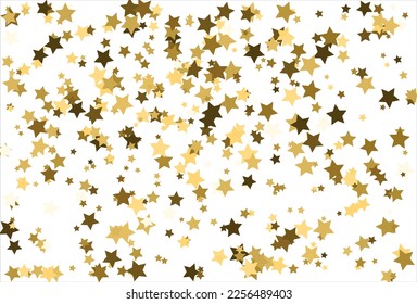 Random falling gold stars on white background. Glitter pattern for banner, greeting card, Christmas and New Year card, invitation, postcard, paper packaging.